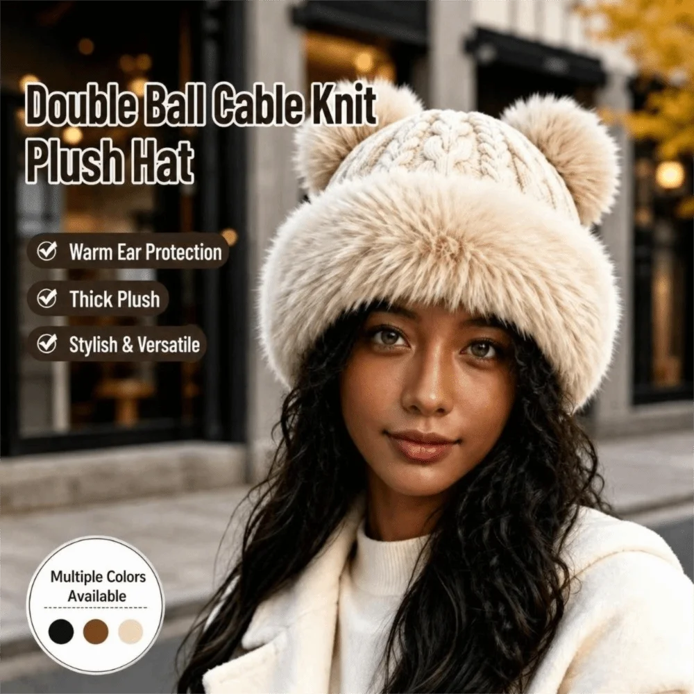 Polyester Cable Knitted Hat Cold Proof Fur Trim Fluffy Mongolian Hat Face Slimming 58cm Head Circumference Ear Flap Hat
