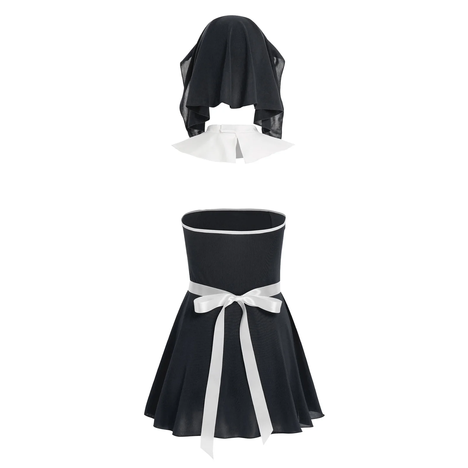 

Womens Nun Maid Cosplay Costume Lingerie Sets Strapless Mini Dress and T-back Thong Headwear Collar Apron Nightwear Clubwear