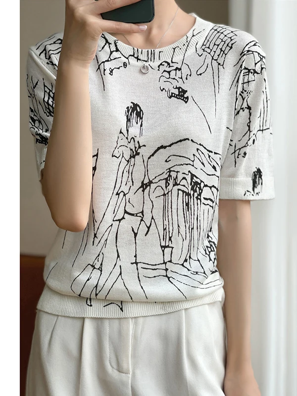Verão ultra-fino ort-sav malha lã camiseta feminina lindamente girado merino solto redondo ne impresso fiti topo