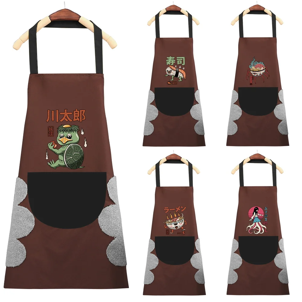 

Waterproof Apron Hand-wiping Kitchen Cooking Apron Cute Monster Pattern Household Oil Proof Pocket Overalls Wipe Hand Aprons