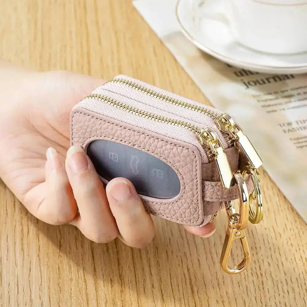 Woman Key Purse Genuine Leather Double-zipper Key Bag For Women Man Car Key Wallet Cowhide Waist-hanging Storage Bag Car Key Bag
