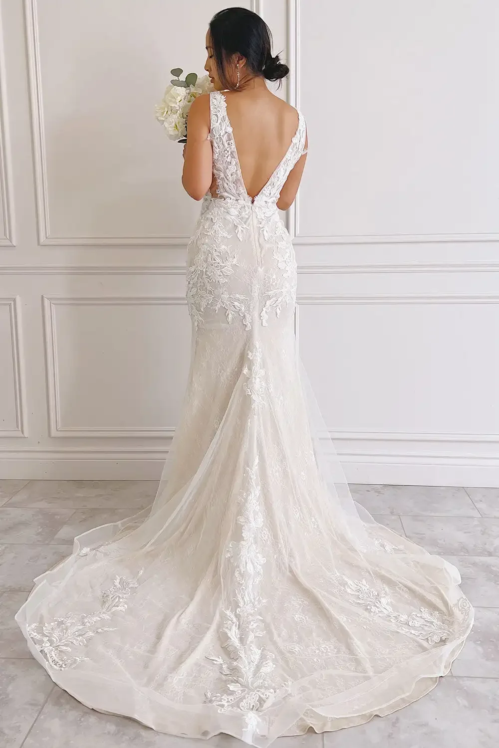 Flavinke-vestido de Novia de encaje elegante, traje largo de sirena con escote en V y Espalda descubierta, para novia