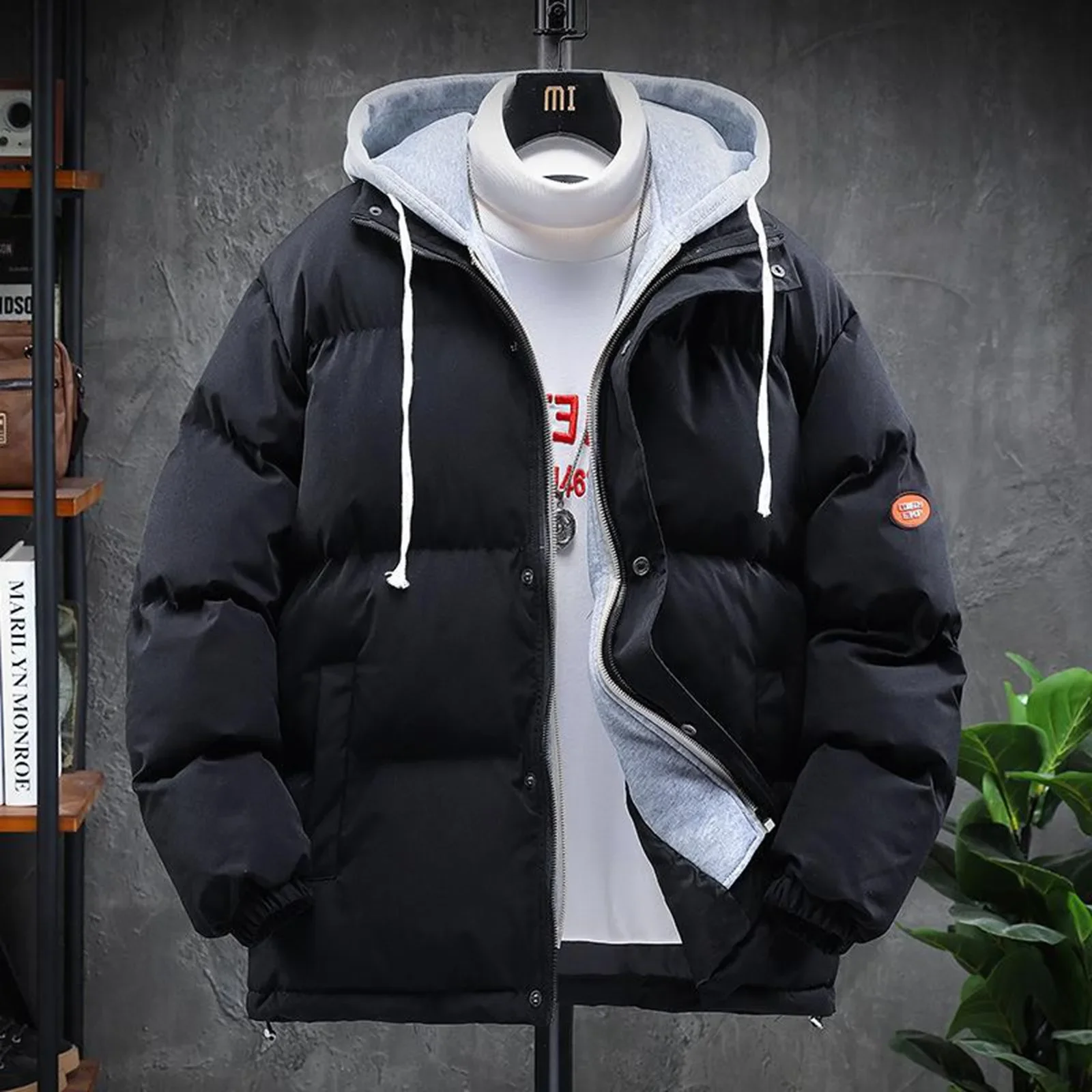 Men'S Autumn Winter Fashion Casual Jacket Cotton-Padded Warm Pure Color Down Jacket With Hat Winter Men'S Cotton-Padded Coat