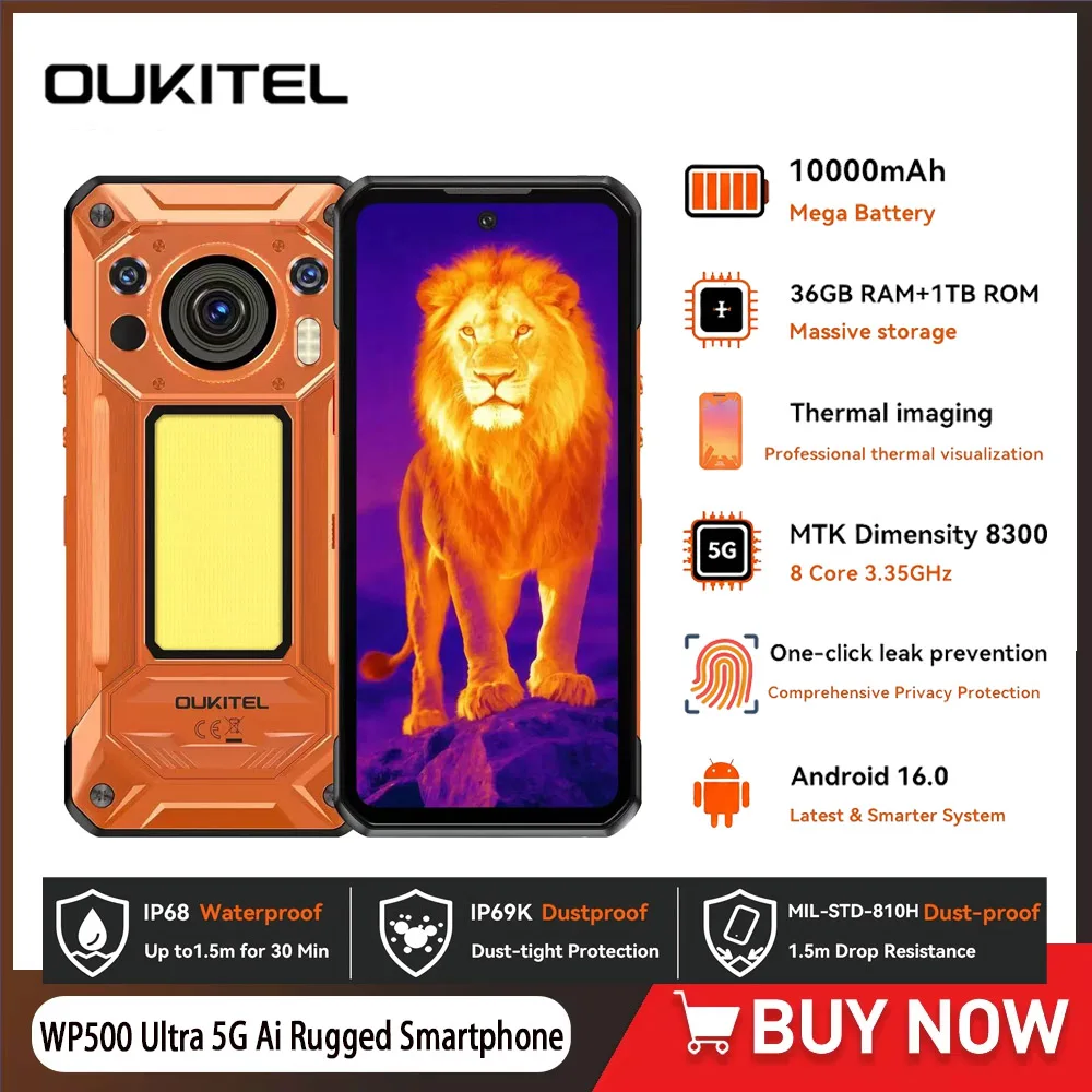 Смартфон OUKITEL WP500 Ultra Rugged с ИИ-камерой тепловизионного сканирования, кнопкой конфиденциальности, Dimensity 8300, 108 МП, 10000 мАч, 36 ГБ ОЗУ, 1 ТБ ПЗУ, IP68