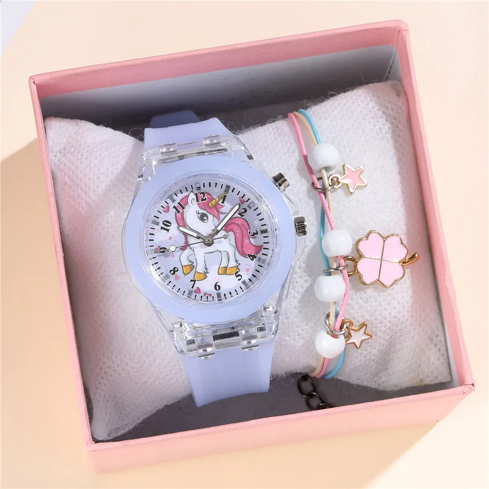 

Hot Glowing Unicorn Children's Watch Cartoon Animal Flash Light Kids Quartz Watches Set With Bracelet