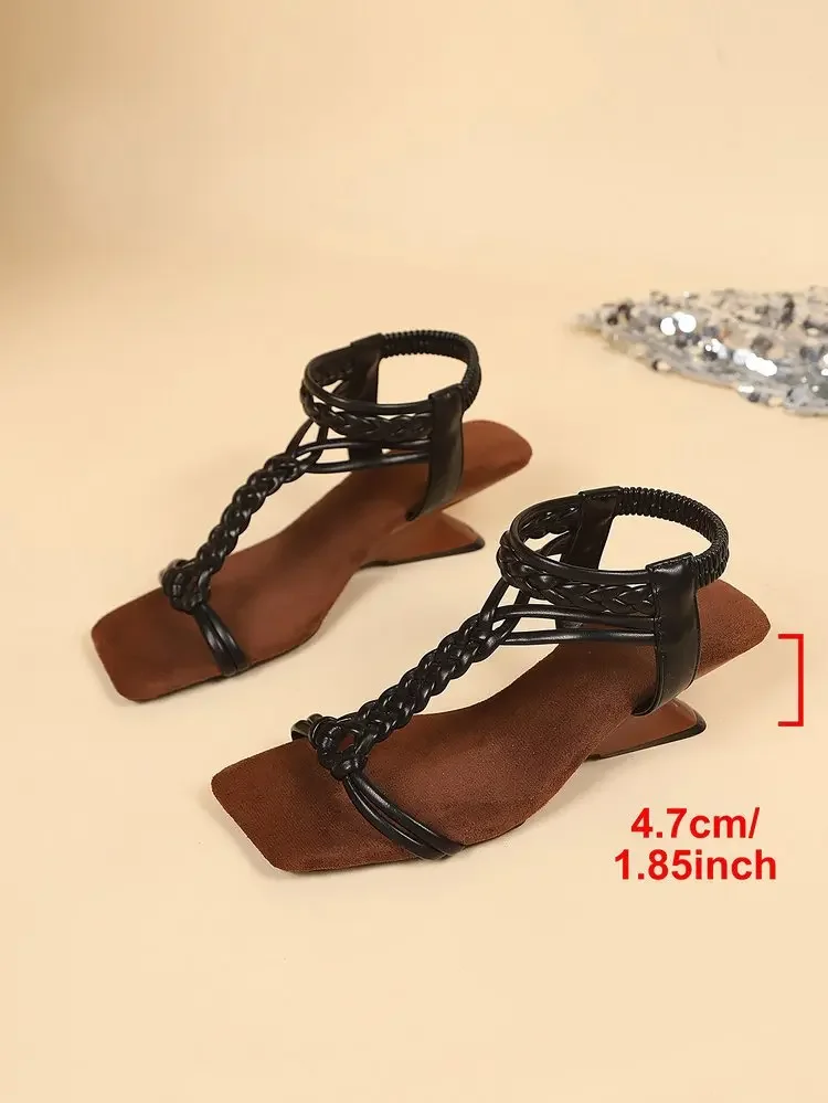 Brand Design Vintage Braune T-Riemen-Sandalen mit eckiger Zehenpartie für Damen – Sommer 2026 Bequeme Urlaubssandalen mit ausgefallenen Absätzen – Detail 14