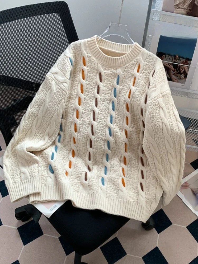 Plus Size Pullovers Long Sleeve O Neck Striped Contrast Color Autumn Winter Design Sweaters Lazy Style All Match Women Clothing