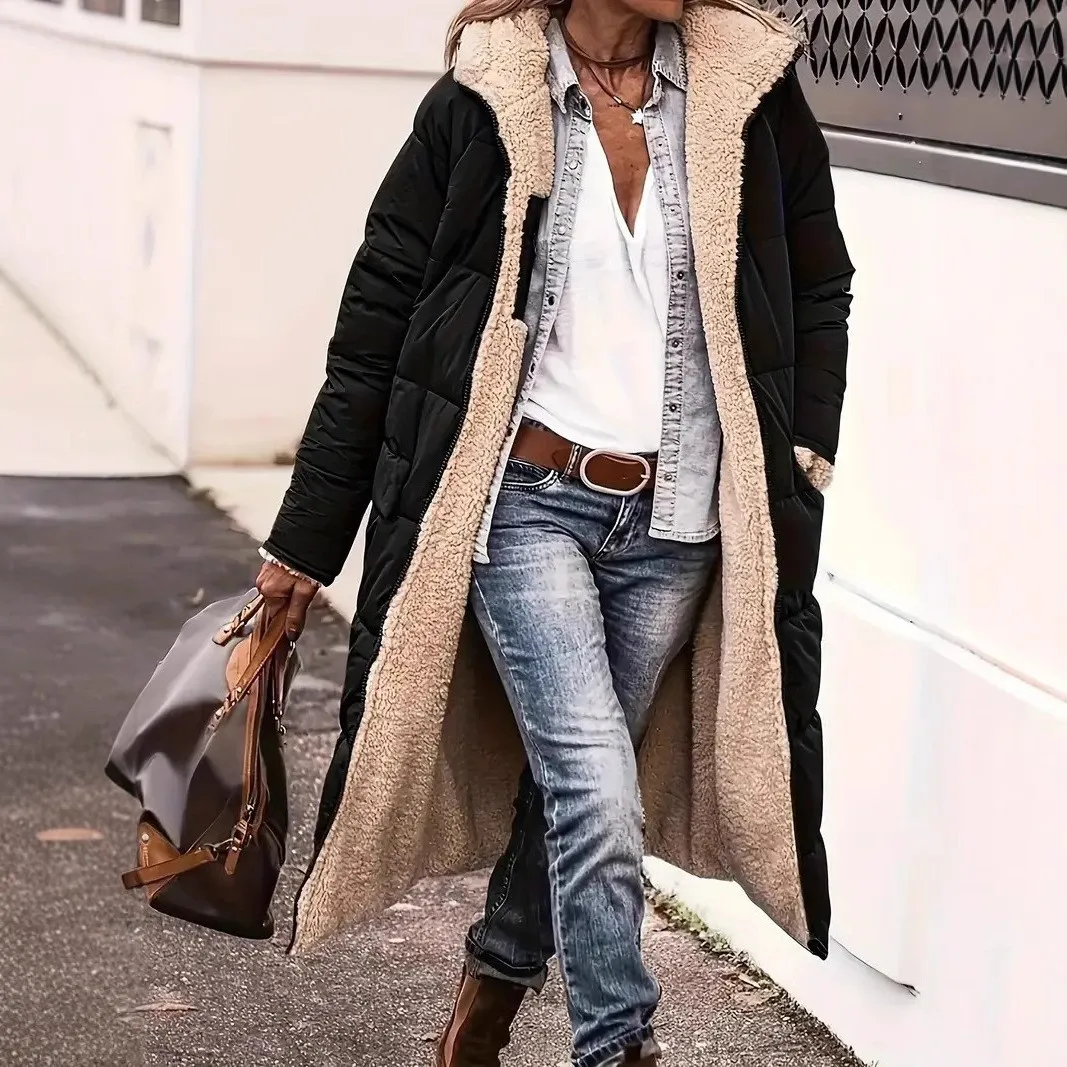 Women's Street Style Thickened Long Hooded Jacket Double-Sided Cotton Coat Warm Loose Fit Winter Outerwear 2026