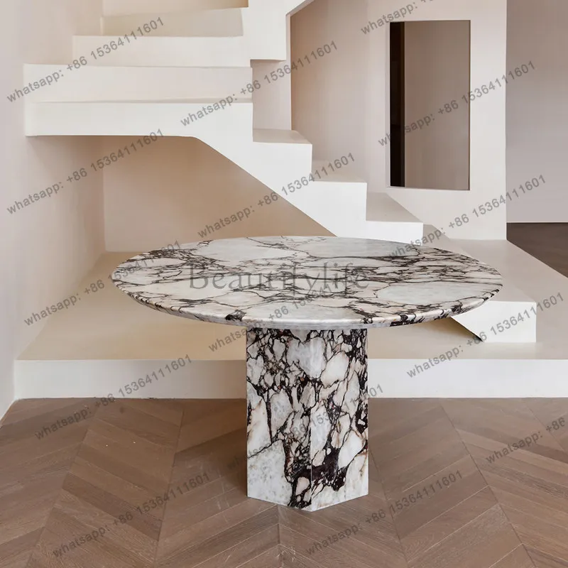 Light luxury natural marble round dining table, simple villa large-sized dining table