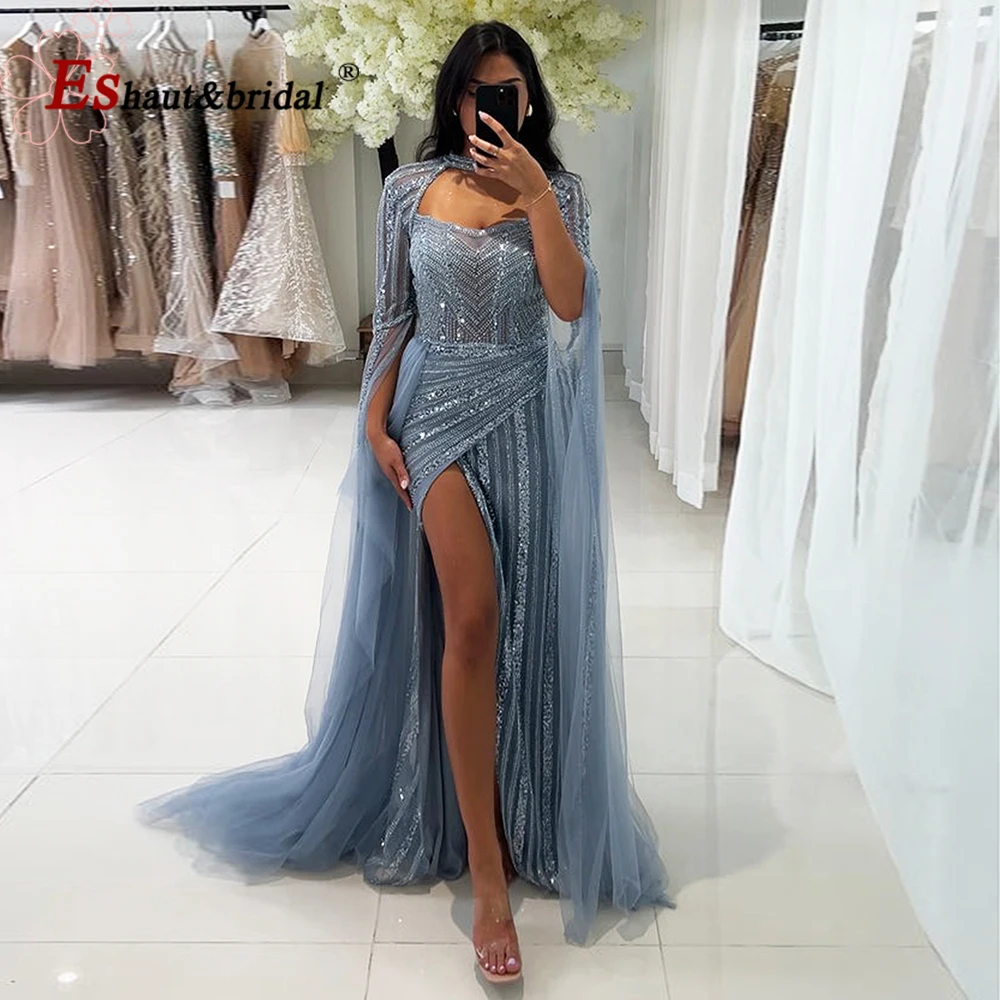 Luxury Dusty Blue Mermaid Beaded Evening Dress for Women 2024 Long Sleeevs Side Slit Formal Prom Wedding Party Gowns Customized