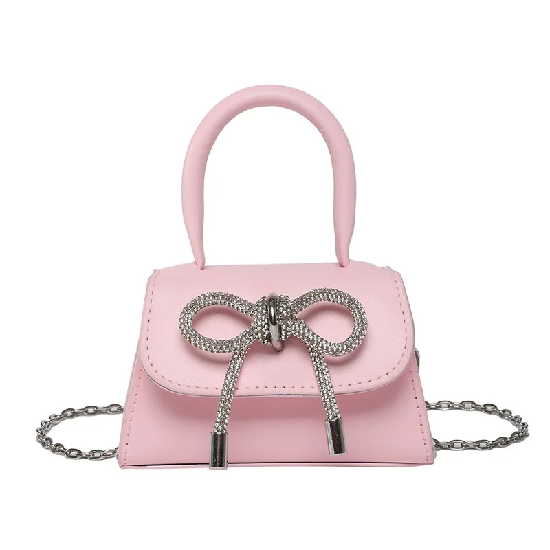 Bolso pequeño de color sólido con diseño de lazo, bolso de hombro de material PU, bandolera con tapa, cartera y bolso de cadena a la moda para mujer