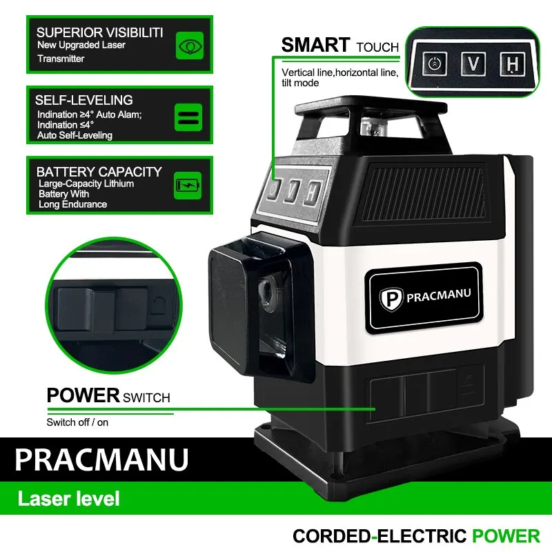 Pracmanu Mini 16 Lines Laser Level 4D Self-Leveling 360 Horizontal and Vertical Cross Green Line Laser Level with Remote Control