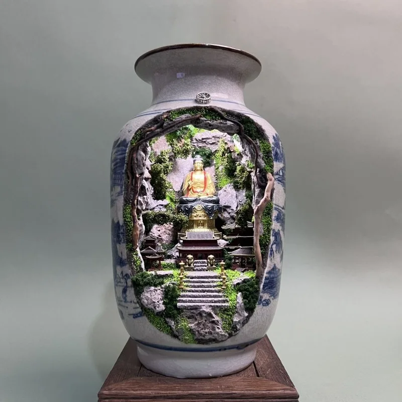 Dongtian three-dimensional landscape micro-landscape charging luminous blue and white bottle room ornament in the bottle