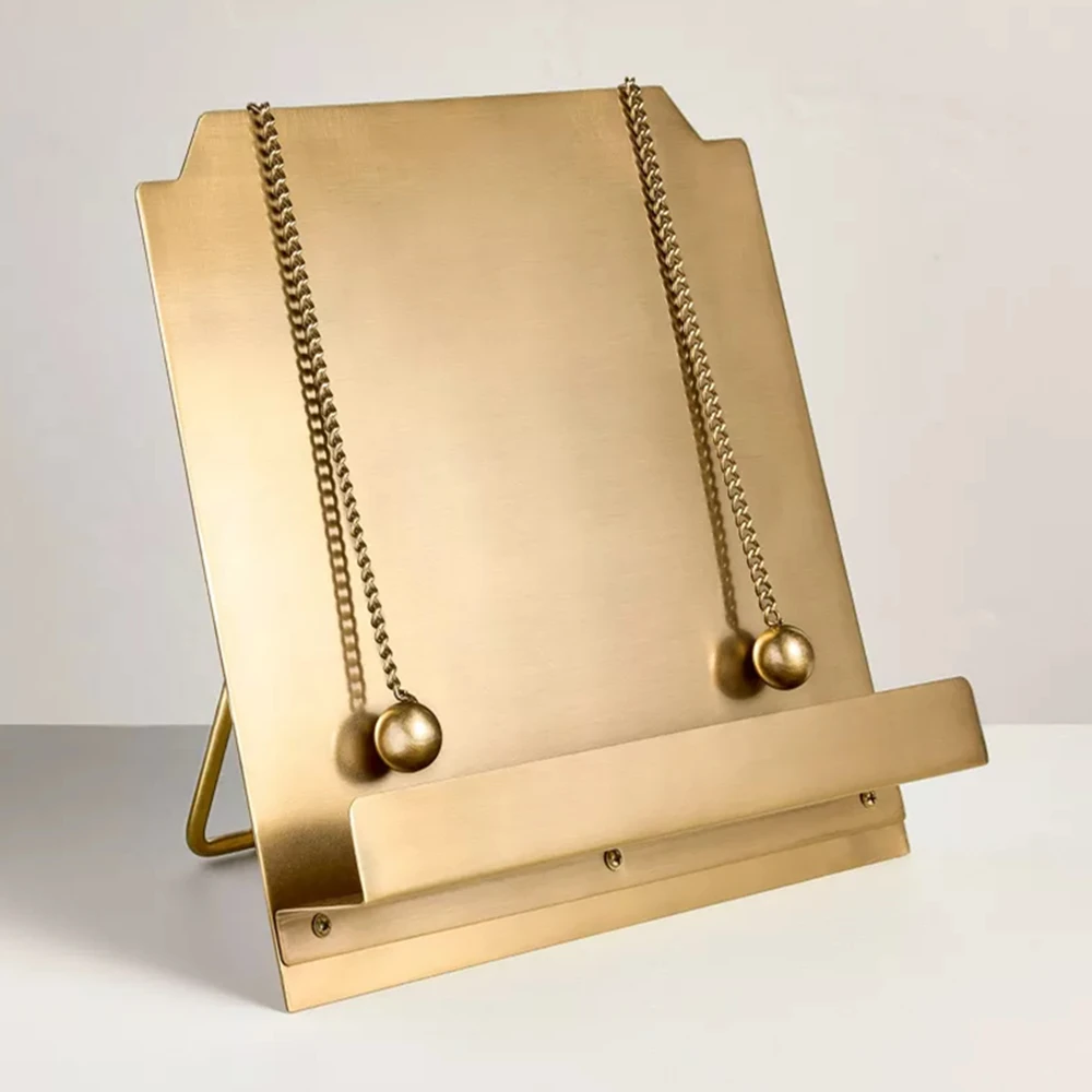 

Brass Cookbook Stand with Weighted Chains,Recipe Book Holder for Reading Hands Free,Metal Cook Book Stand for Kitchen Counter