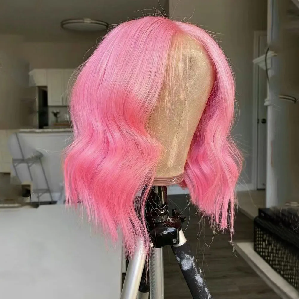 RONGDUOYI Pink Bob Hair Synthetic Wig Natural Wave Heat Fiber Lace Front Wigs for Women Cosplay Makeup Hot Pink Short Bob Hair