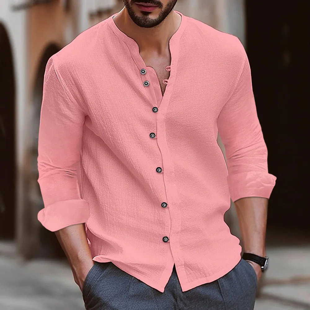 Retro Style Summer Men\'s Casual Cotton Linen Shirt Mock Neck Solid V-Neck Long Sleeve Loose Top Handsome Shirt US Size S-3XL