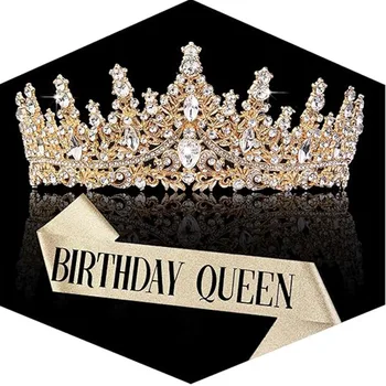 Gold Crown for Women Crystal Queen Tiaras Sash Rhinestone Queen Crowns Hair Accessories…