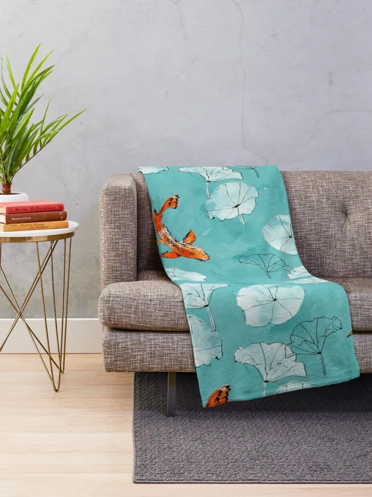 Waterlily koi in turquoise Throw Blanket Bed Fashionable Blanket Quilt Blanket Bed linens Blankets Sofas Of Decoration