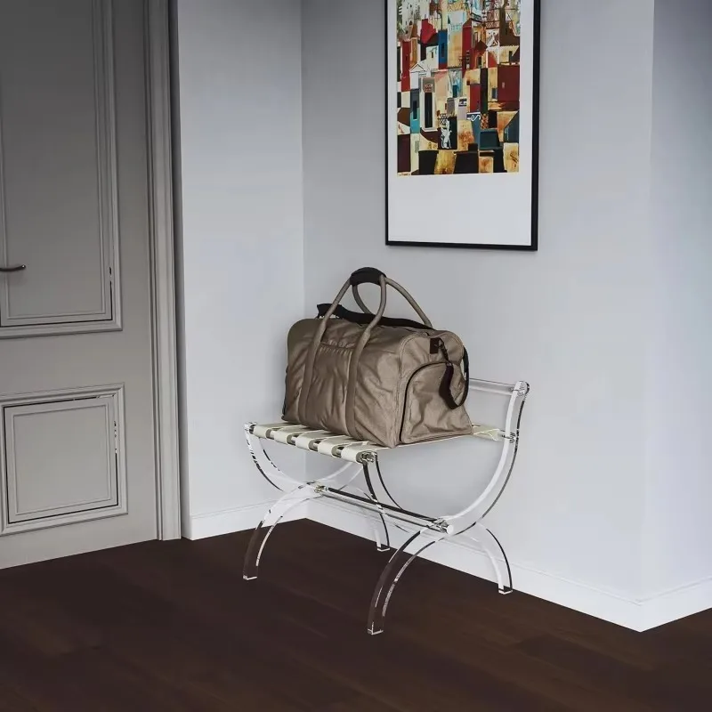 Foldable Acrylic Luggage Display Rack with Fashion Straps Modern Minimalist Design Easy Assembly for Hotel and Guest Room Use