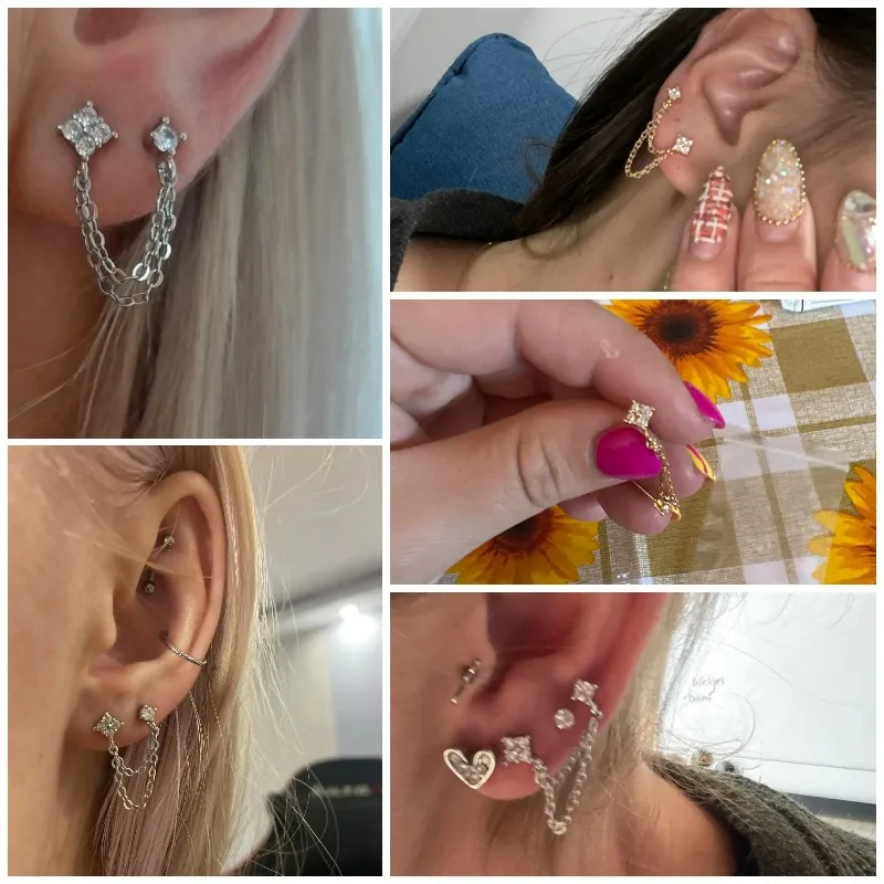 Huitan New Arrival Double Ear Studs Tassel Chains Hanging Earrings for Women Ear Piercing 3 Metal Color Luxury CZ Hot Jewelry