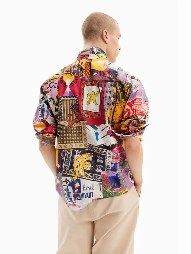 Original Spanish men's shirt with printed embroidery, designer style, light luxury, casual and loose fitting shirt