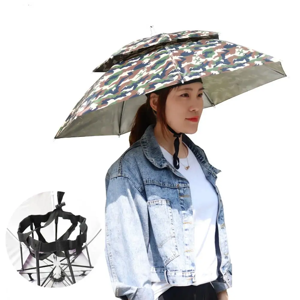 Two-layer Portable Rain Umbrella Hat Outdoor Fishing Hats Headwear Beach Head Sun Sunshade Cap Waterproof Camping M8G9