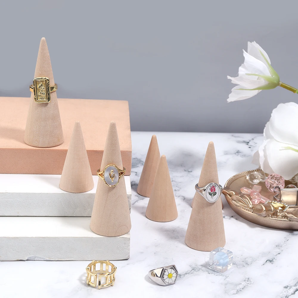 1pc Natural Color Conical Solid Wood Base Jewelry Ring Display Stand Exhibition Storage Rack Jewelry Ring Holder Organizer