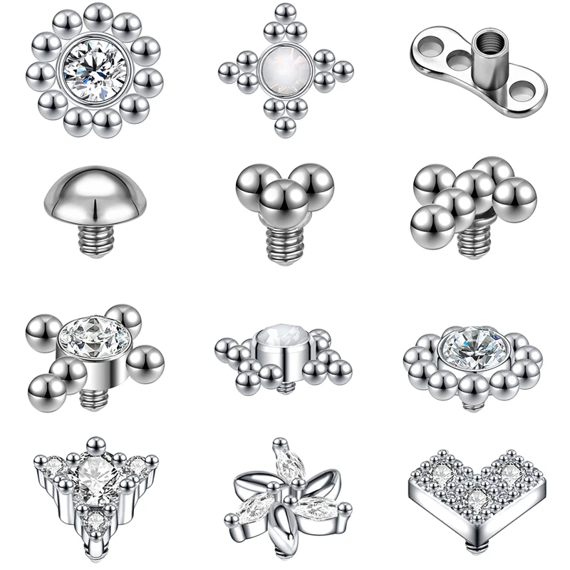 ZS 16G Skin Diver Dermal Piercing Women Sexy Body Jewelry Flower Heart Crystal Dermal Anchor Top Stainless Steel Micro Dermal