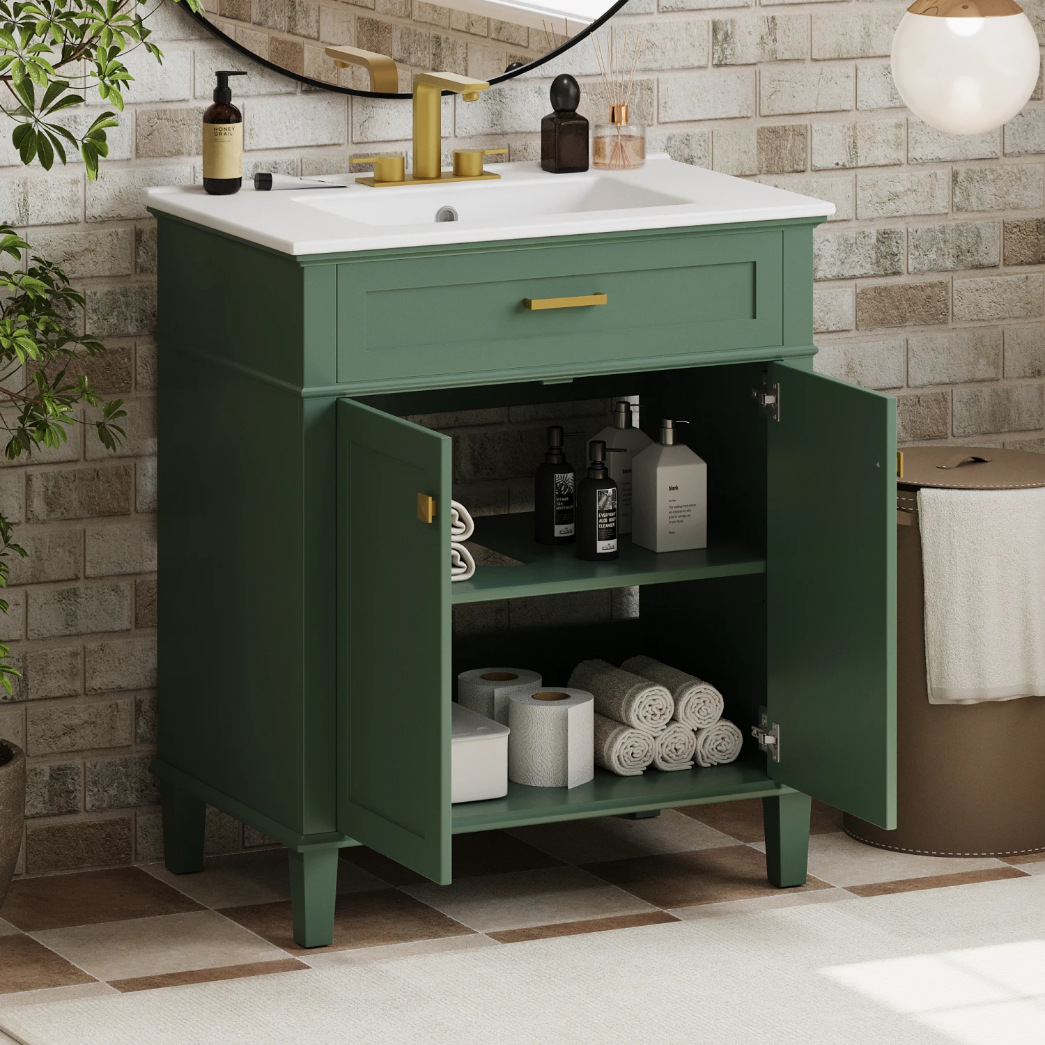 

"30" Bathroom Vanity with Ceramic Basin, Soft Close Door & Adjustable Shelves"