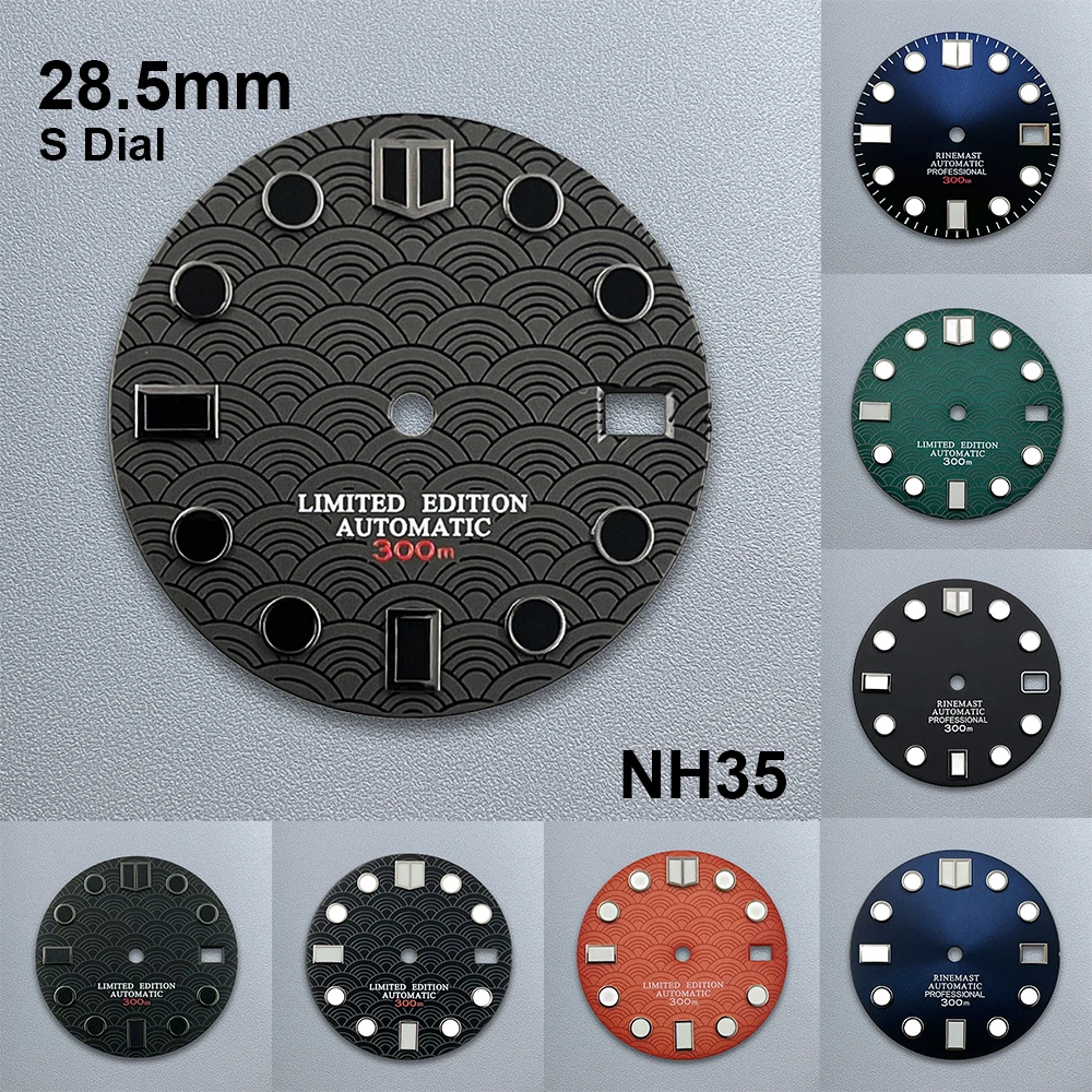 Esfera de escala con logotipo S de 28,5mm compatible con movimiento NH35/NH36/4R/7S, buceo luminoso verde, accesorios de modificación de reloj de alta calidad