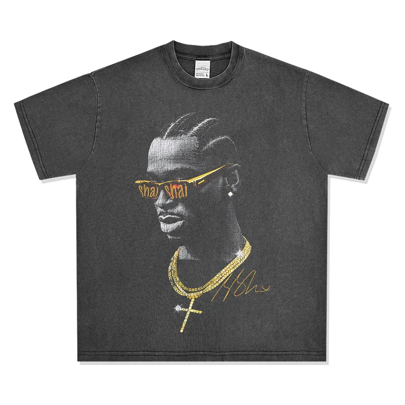 

2025 Alexander SGA American Large-head Retro Print Trendy Brand Washed and Aged Heavy Pure Cotton Short-sleeved T-shirt