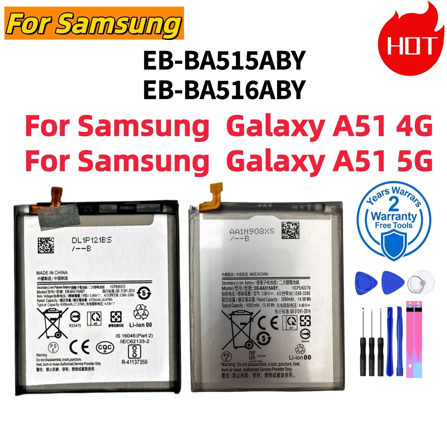 New EB-BA515ABY EB-BA516ABY 4500mAh Lithium Battery For Samsung Galaxy A51 4G A51 5G SM-A515 SM-A516 Repair Parts+Free tools