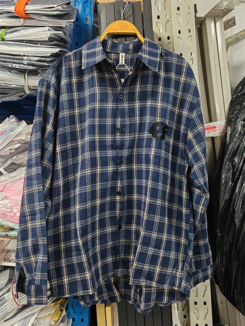 Turn-down Collar Blue Plaid Casual Men Shirts Long Sleeve Autumn Outerwear Clothes