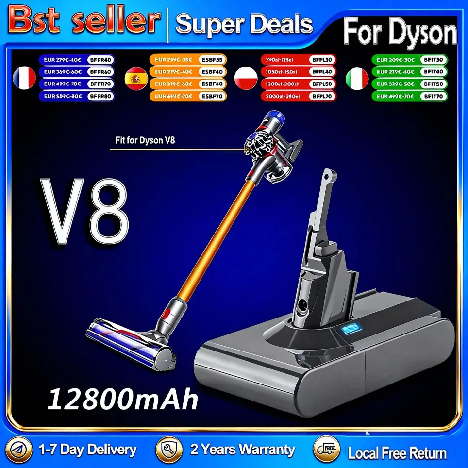 Nouvelle batterie de remplacement 21,6 V 12800 mAh pour aspirateur sans fil Dyson V8 Absolute, aspirateur à main, batterie Dyson V8