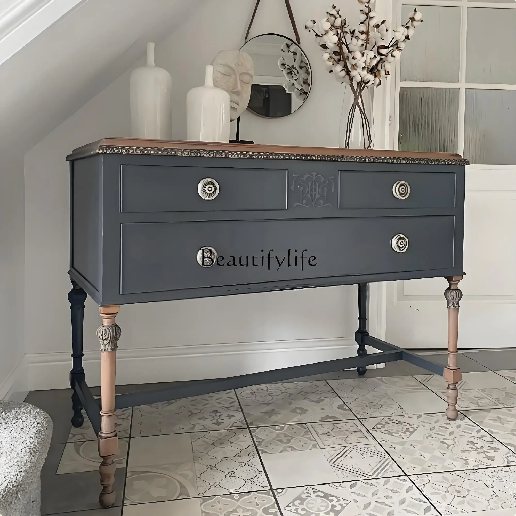 

2 yj15 French Retro Solid Wood Sideboard American Light Luxury Small Living Room Storage Entryway Entryway Side Cabinet