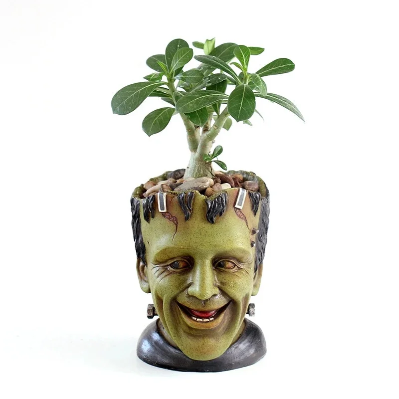 Creative Frankensteined Plant Pot Halloween Horror Head Sculpture Resin Planter for Indoor Succulent Garden Desk Decor