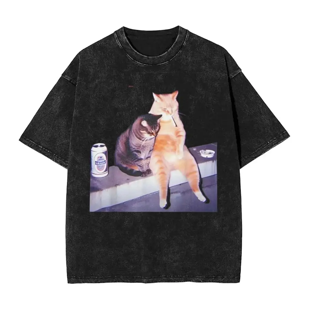 Y2k High Street T Shirts Hip Hop Funny Hug Cat Pattern Printed Tops Summer New Neutral Casual Loose Washed T-shirt Unisex