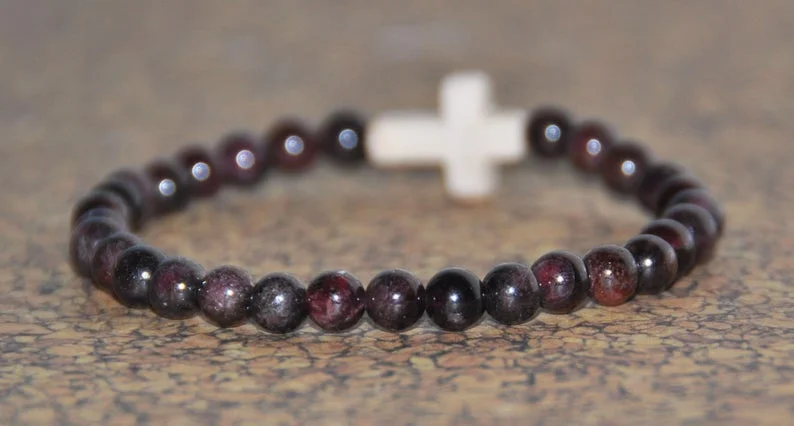 Red Garnet & Natural White Howlite Gemstone Cross Bracelet, January Birthstone Elastic Bracelet, Relieves Anxiety/Worry Heals