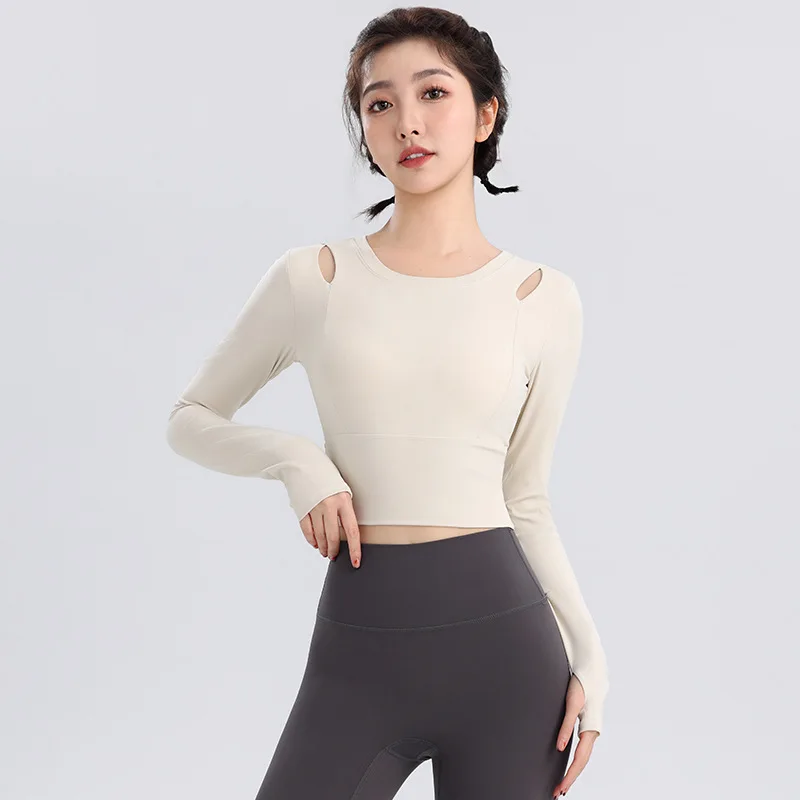

Yoga long-sleeved short top with chest pad, women's autumn and winter slim-fitting and thin sports running fitness clothes, top