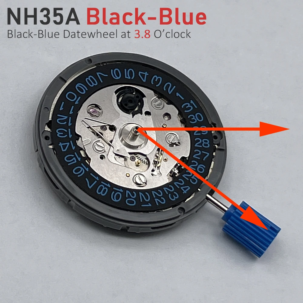 Mod Original NH35 Mechanical Movement Black-Blue Text Datewheel Crown at 3.0/3.8 O'clock High Accuracy 24 Jewels NH35A 4R35B