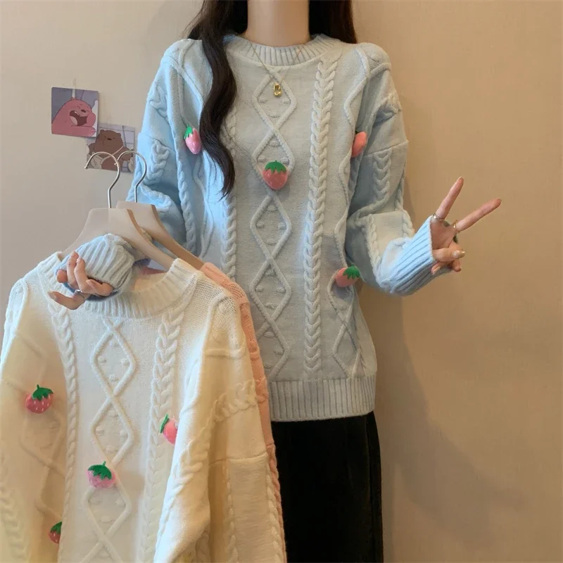 女性用の取り外し可能なストロベリーセーター,ラウンドカラー,ルーズニットセーター,愛らしい女の子,秋冬ファッション