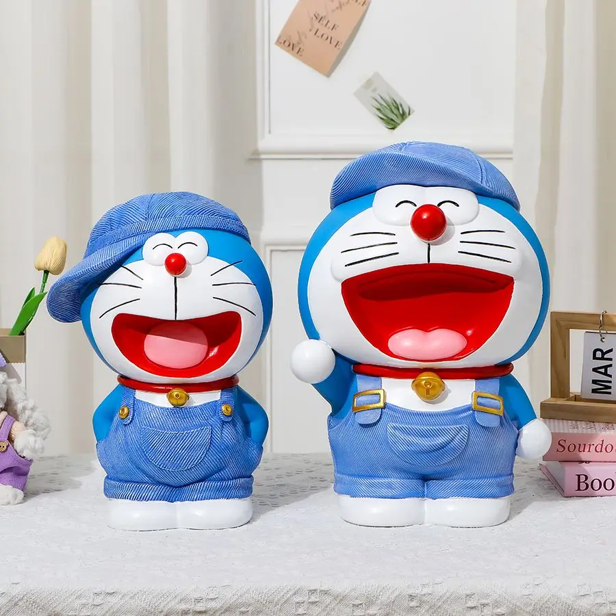 

New Blue Cat Figurine Piggy Bank, Doraemon with Denim Outfit, Home Decoration for New House, Birthday Gift for Boys and Girls