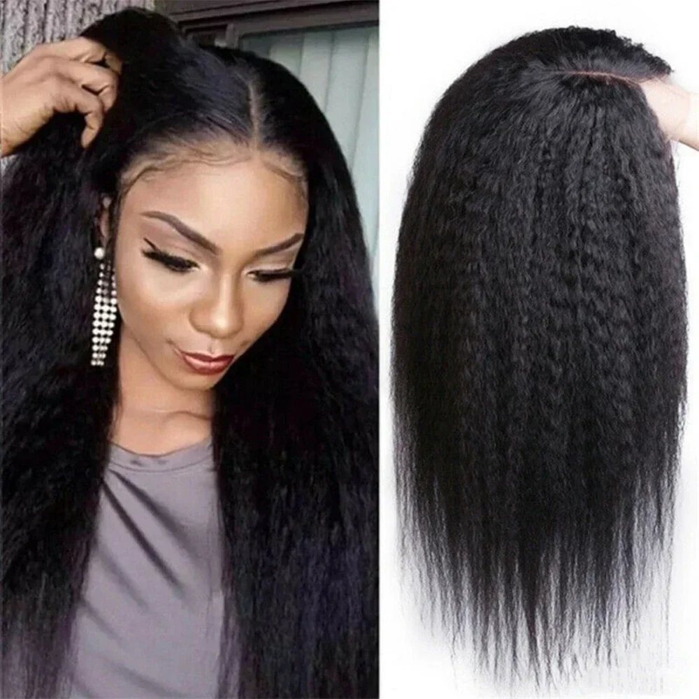 Afro Yaki ตรงวิกผมสังเคราะห์ยาวตรงสําหรับผู้หญิง 24 นิ้วกลางสีดําธรรมชาติความร้อนทนวิกผมทุกวัน