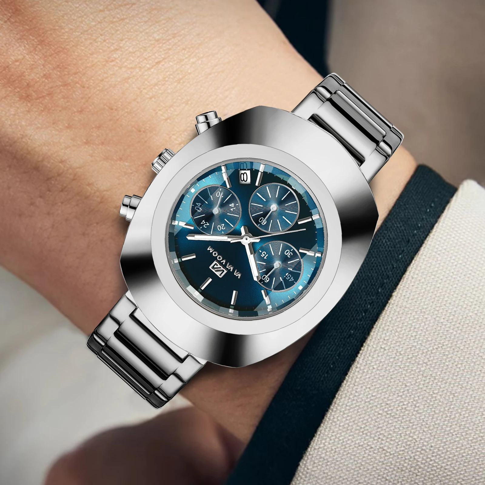 ساعة كوارتز متعددة الوظائف للرجال، حزام من الفولاذ المقاوم للصدأ، نمط عمل ذهبي أزرق، ساعة يد رياضية بيضاوية عصرية