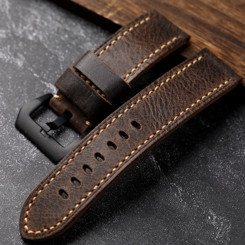 Brown First Layer Leather Men's Watch Strap Cusn8 Retro Buckle, 20 21 22 23 24 26MM Suitable For PAM111Copper Watch