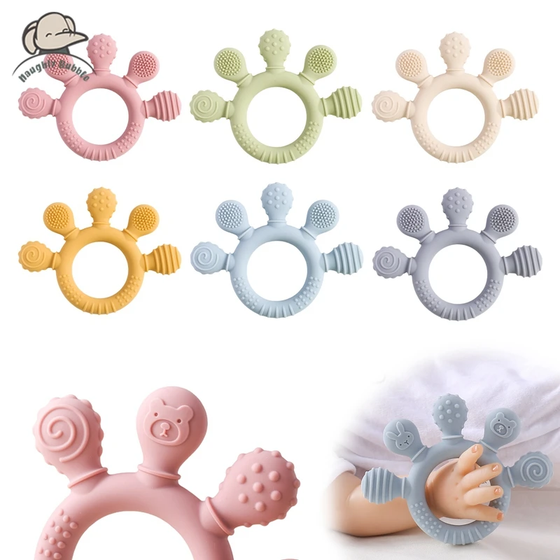 Silicone Teether BPA Free Hand Shape Teething Toy  Baby Touch Sensory Teether Wooden Teether Ring Sensory Toy Gift For Newbaby