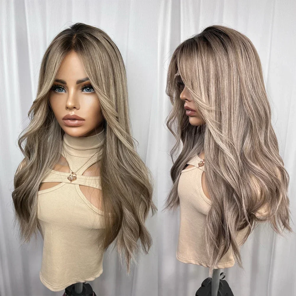 

Natural Long 26Inch Glueless 200Density Highlight Blonde Wave Lace 5x5 Silk Base Human Hair Wig For Women BabyHair Preplucked