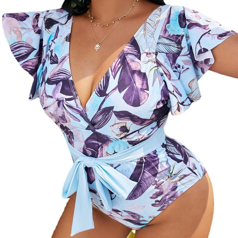 Plus Size Bikini Ruffles One Piece Swimsuit Women Sexy Deep V-Neck Floral Print Tankini 2023 Swimwear Beachwear Bathing Suit 4XL