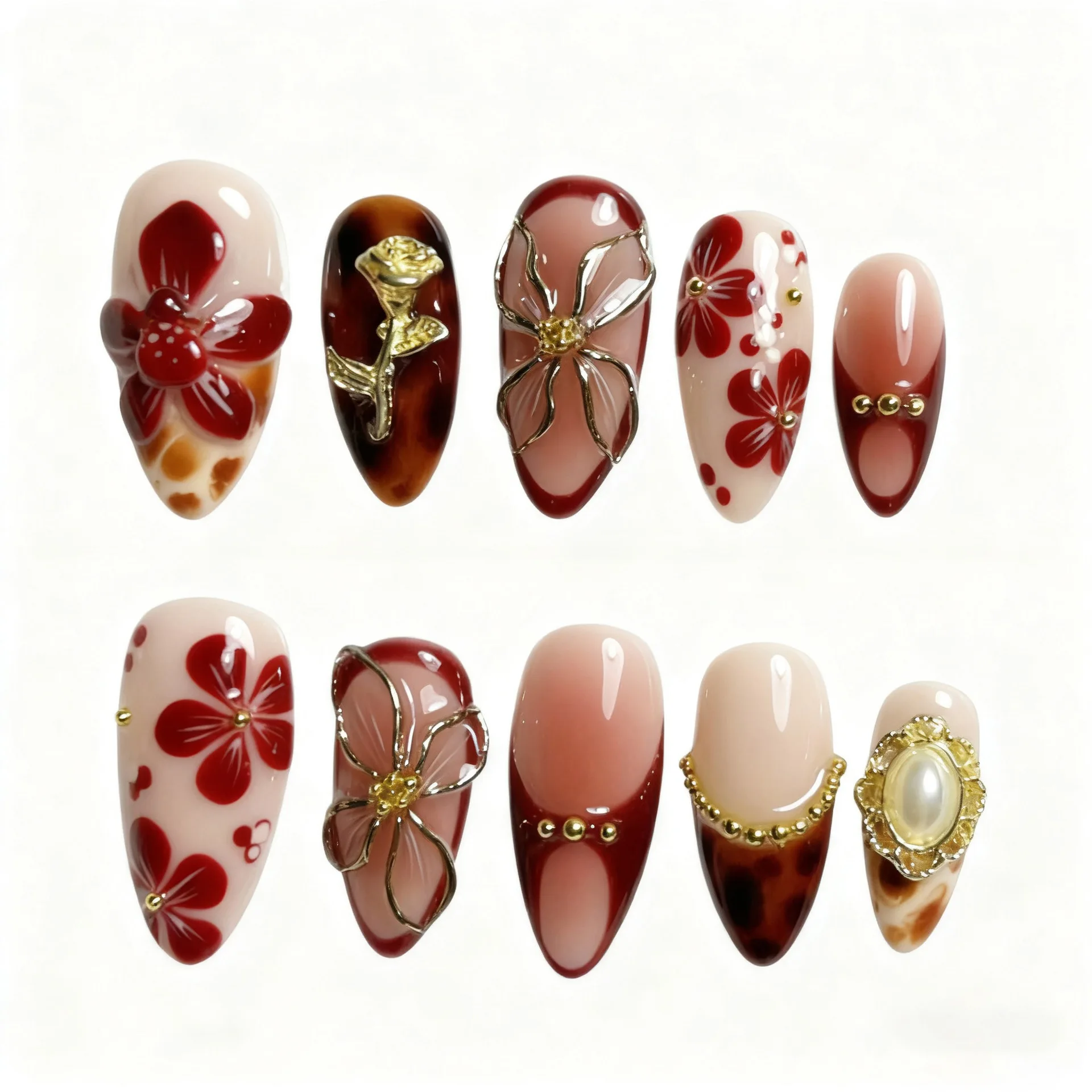 24Pcs Mid-length Almond Press on Fake Nails Wine Red Gilded Irregular French False Nails Rhinestone Reusable Full Cover Nail Tip