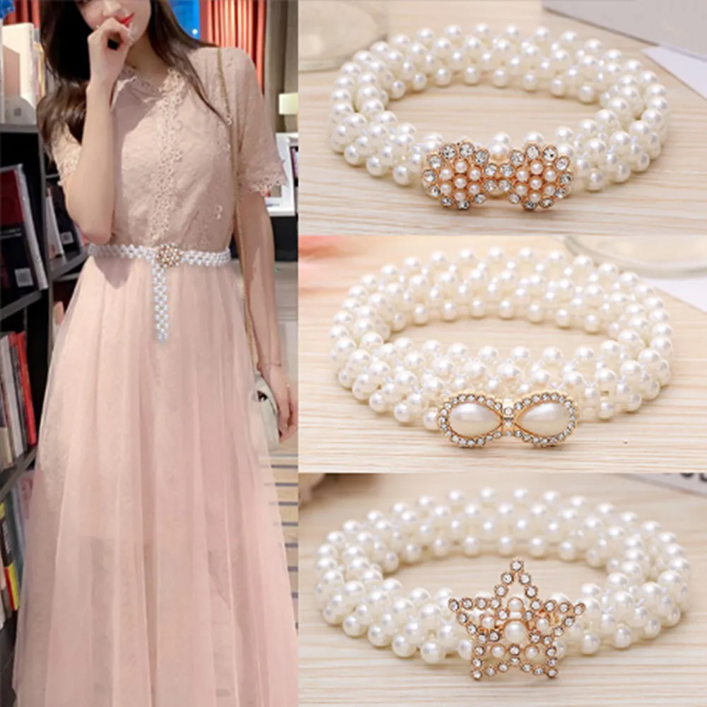 Women\'s Pearl Rhinestone elastic belt Thin waist chain female decoration PD010